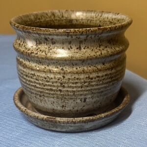 Studio Pottery Speckled Stoneware Planter with Saucer Signed by Artist 3.75”